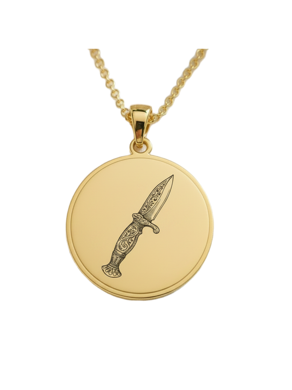 Ornate Dagger Engraved Pendant Necklace, Gold Plated Brass Round Jewelry with 18 Inch Cable Chain, 28mm Engraved Design Pendant for Men & Women