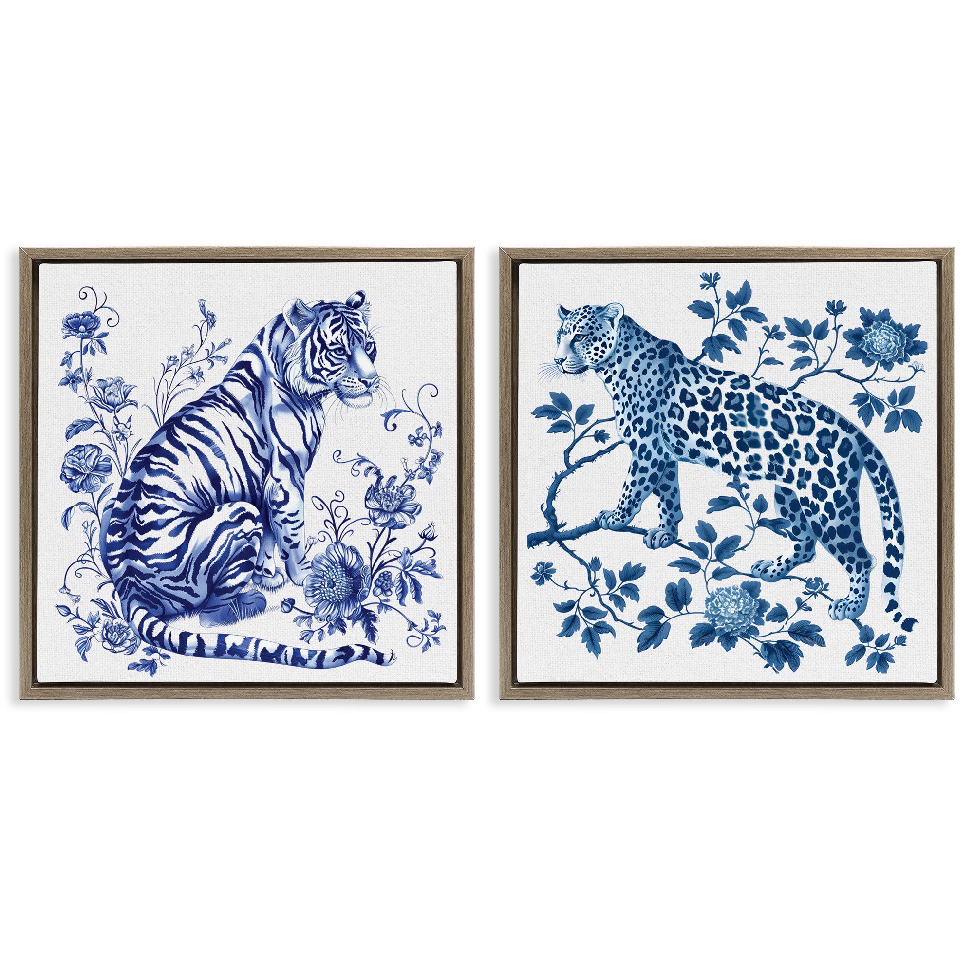 Ornate & Detailed Large Cats 2 Piece Brown Framed Floater Canvas Set, design by Lettered and Lined