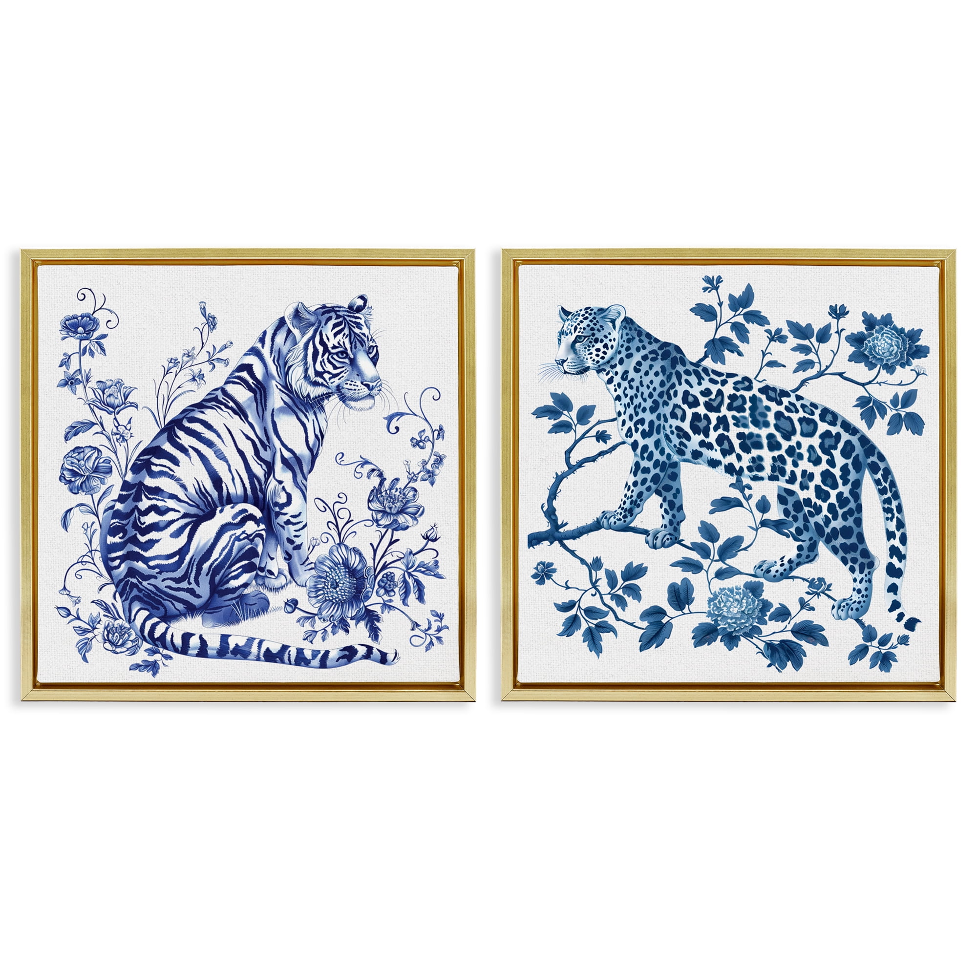 Ornate & Detailed Large Cats 2 Piece Gold Framed Floater Canvas Set, design by Lettered and Lined
