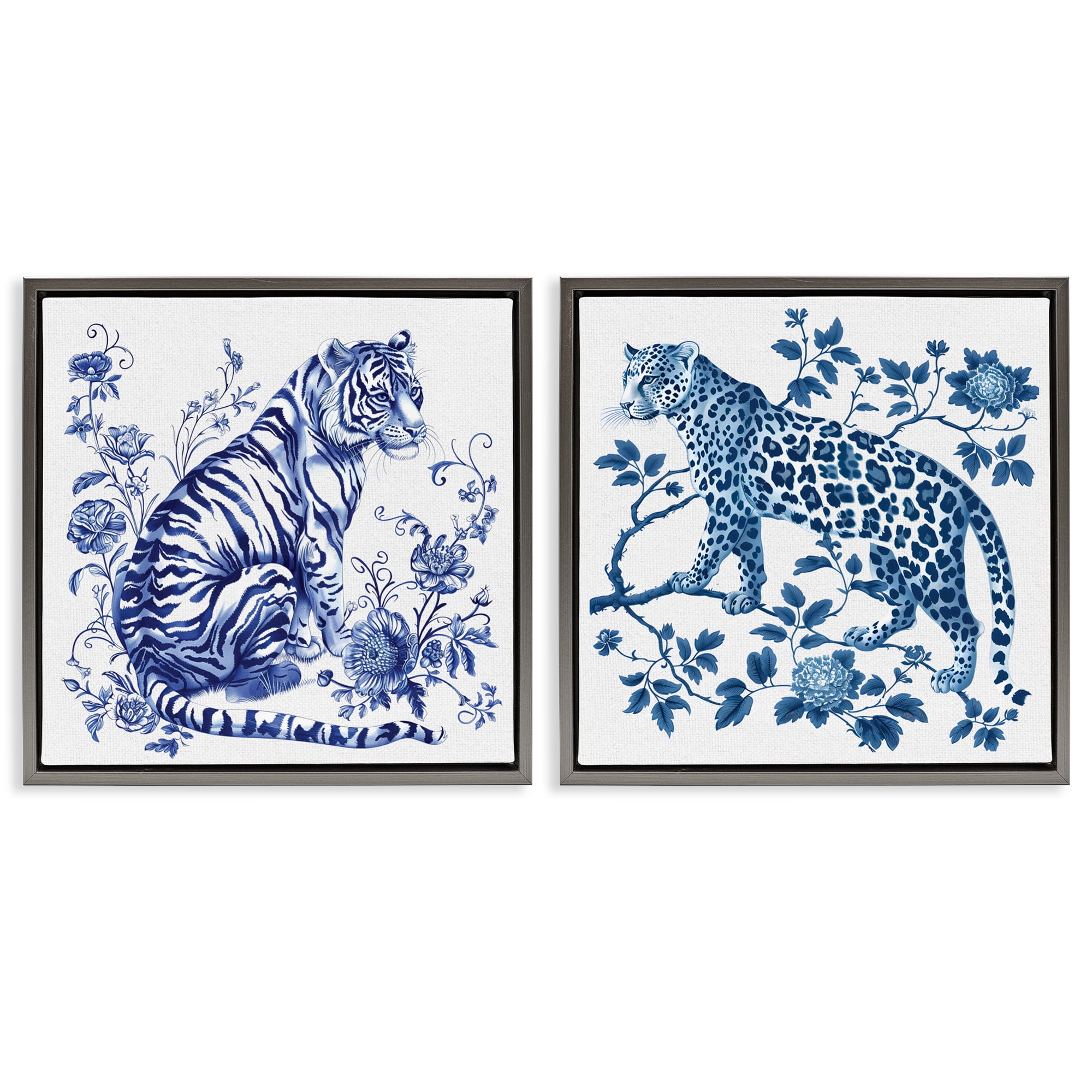 Ornate & Detailed Large Cats 2 Piece Gray Framed Floater Canvas Set, design by Lettered and Lined