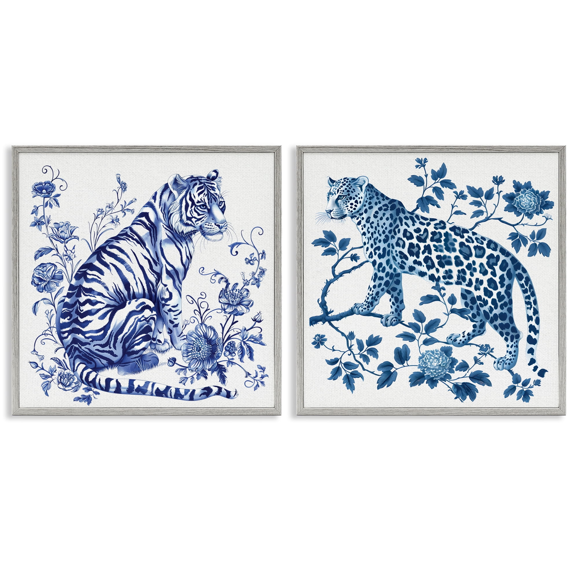 Ornate & Detailed Large Cats 2 Piece Gray Framed Giclee Art Set, design by Lettered and Lined