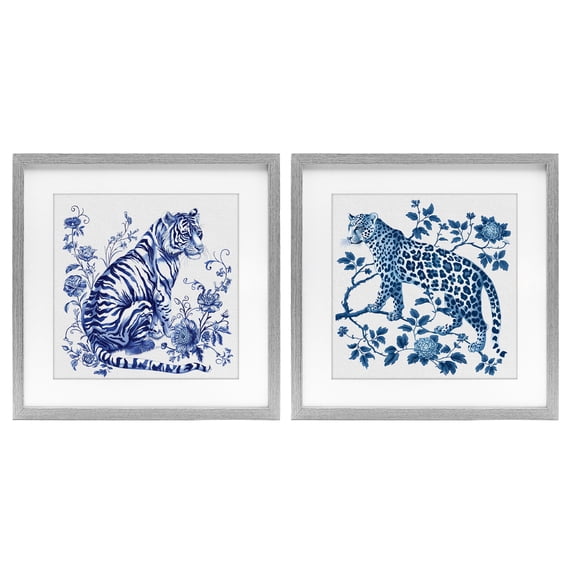 Ornate & Detailed Large Cats 2 Piece Gray Framed Print Under Glass Set, design by Lettered and Lined
