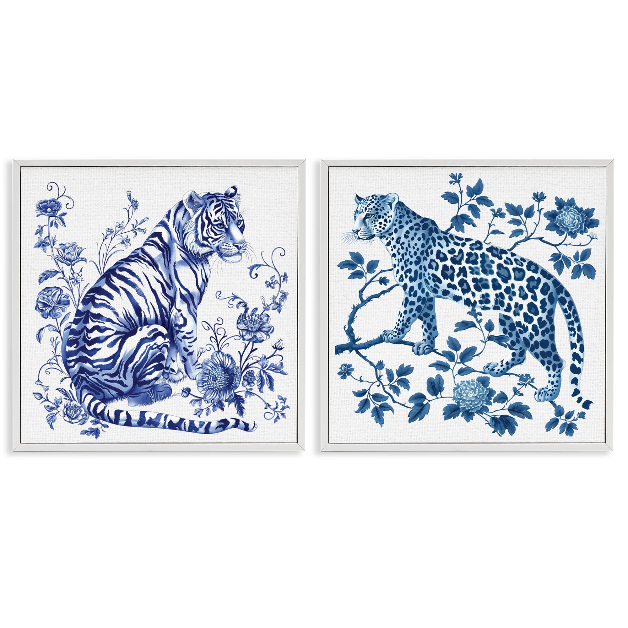 Ornate & Detailed Large Cats 2 Piece White Framed Giclee Art Set, design by Lettered and Lined