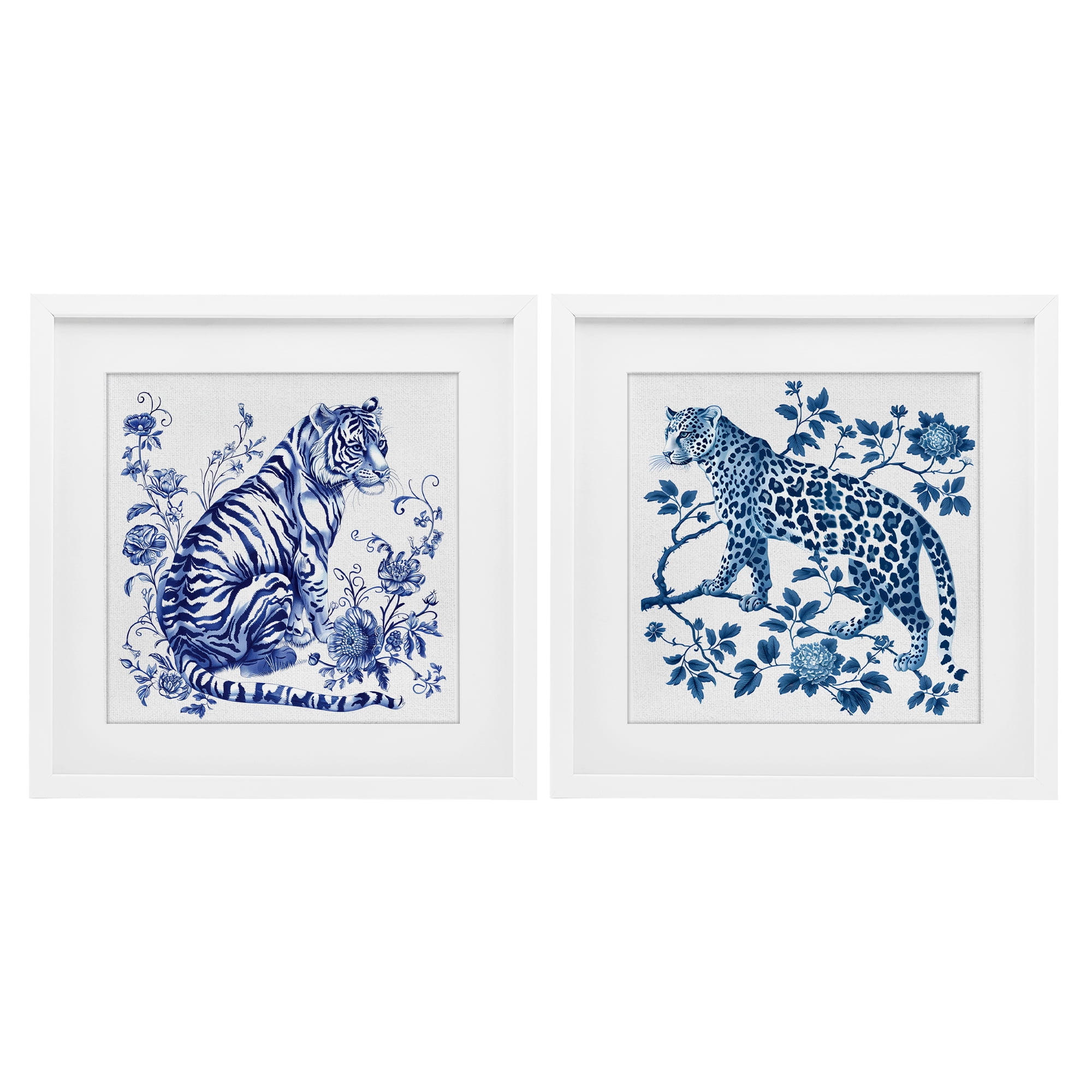 Ornate & Detailed Large Cats 2 Piece White Framed Print Under Glass Set, design by Lettered and Lined