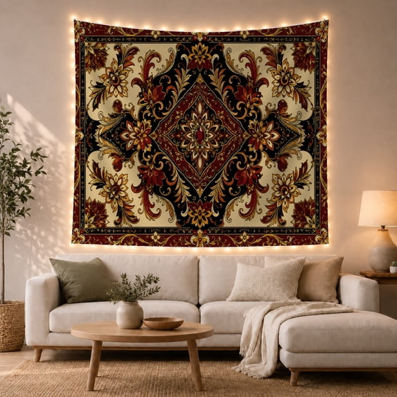 Ornate Diamond Medallion in Cream Field with Crimson Scrolls, Mystical Folk Art for Art Lovers, Symmetrical Floral Wall Decor, Housewarming Gift, Tapestry Wall Hanging for Bedroom and Living Room