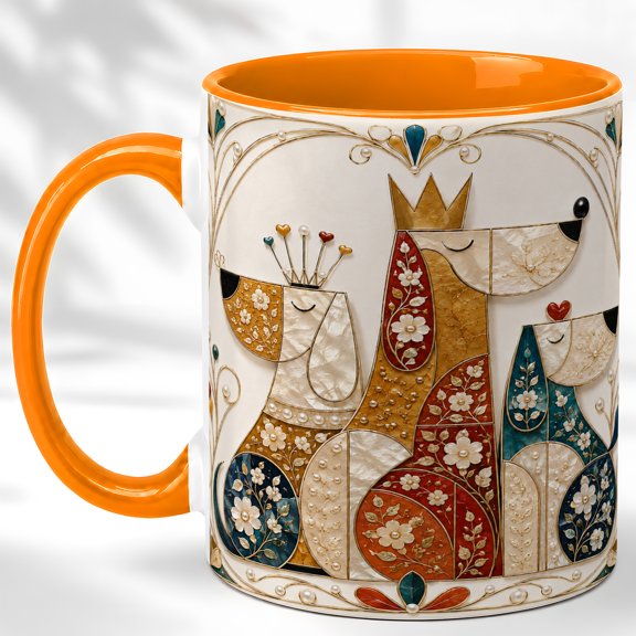 Ornate Dog Trio Coffee Mug, Floral Pet Mug, Ceramic 11 oz
