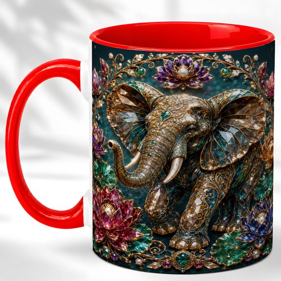 Ornate Elephant Coffee Mug, Lotus Animal Mug, Ceramic 11 oz