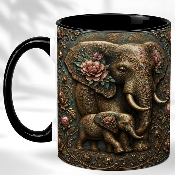 Ornate Elephant Family Coffee Mug, Floral Animal Mug, Ceramic 11 oz