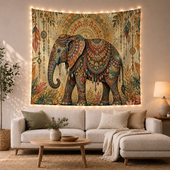 Ornate Elephant in Floral Mandala Scene, Serene Boho for Animal Lovers, Bohemian Wall Art, Housewarming Gift Tapestry Wall Hanging for Bedroom, Living Room and Dorm