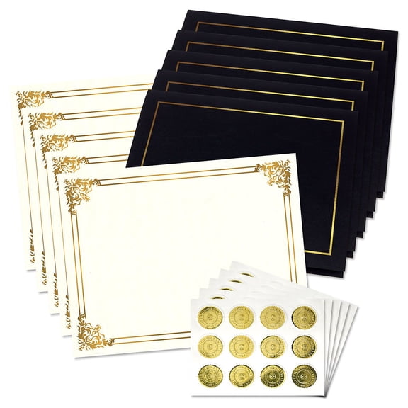 Ornate Empire Award Certificate Collection with Gold Seals - Includes 25 blank-inside certificate papers, 25 heavy linen black with gold border certificate folders, 25 gold foil seals.