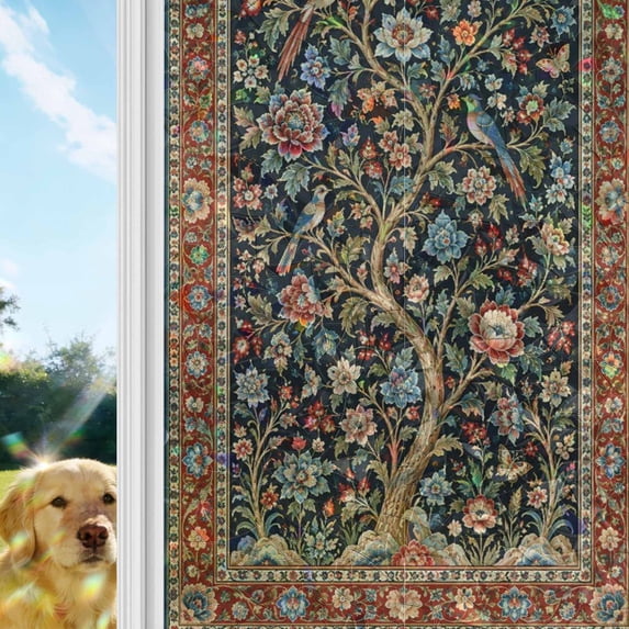Tree Staining Ornate Floral Bird Rainbow Window Privacy Film, Vintage Arts and Crafts ...