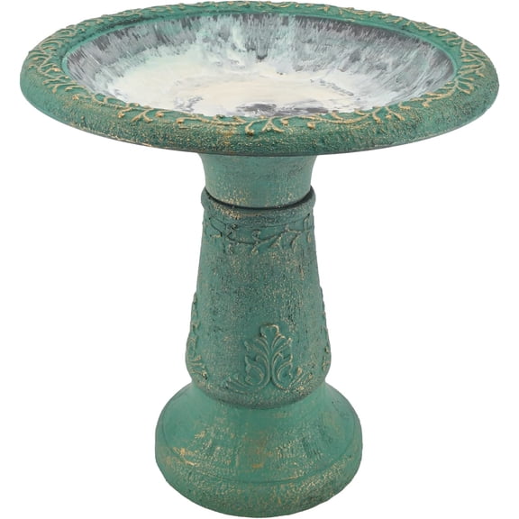 Ornate Floral Design Green Bird Bath 20 Inch Fiberclay for Garden and Patio