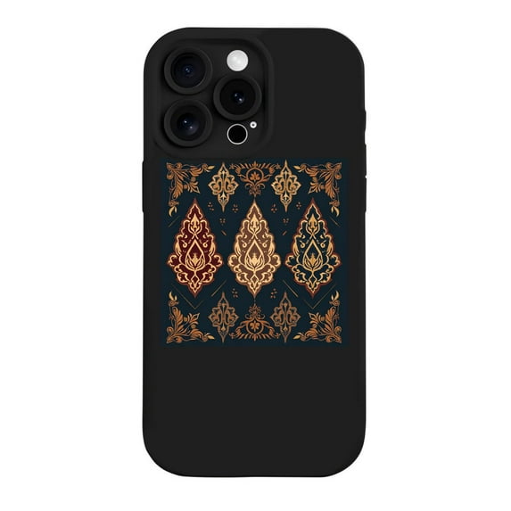 Ornate Floral Design iPhone 15 Pro Case - Lightweight Yellowing Resistant Dark Blue Background with Red Gold & Blue Patterns