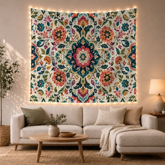 Ornate Floral Medallion in Creamy Off-White, Cozy Boho for Nature Lovers, Folk Art Home Decor, Housewarming Gift, Tapestry Wall Hanging for Living Room and Dorm