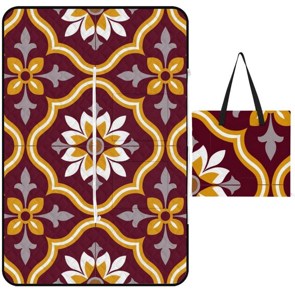 Ornate Floral Tile Seamless Pattern Picnic Blanket Waterproof Outdoor Beach Blanket Hand-held Pad Suitable for Travel, Camping, Beach, Family Gatherings