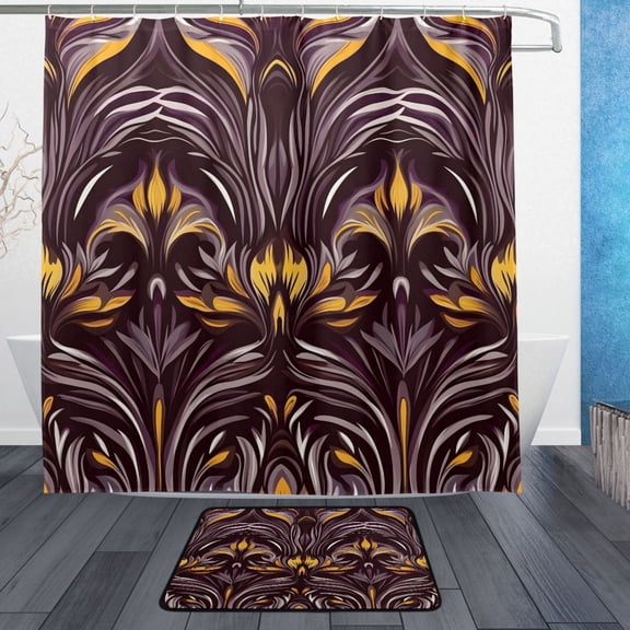 Ornate Florwers Pattern Design Bathroom Accessory Sets Waterproof Shower Curtain with Anti-Slip Bath Mat Durable Combo