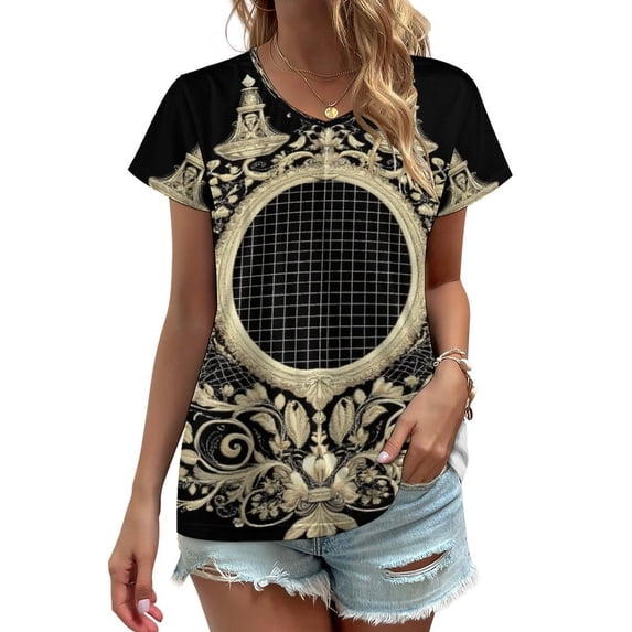 Ornate Frame Elegant Design Black Women's Blouse Short Sleeve Women's Top T-Shirt Spring Summer Clothes