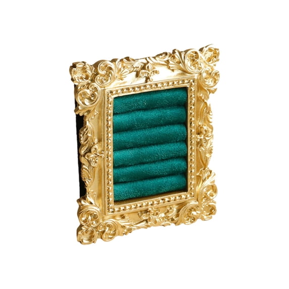 Ornate Frame Holder Stand, Small Jewelry Organizer with Emerald Velvet Ring Slots, Gold Jewelry Holder, Ring Holder for Men and Women, Jewelry Organizers and Storage, Perfect for