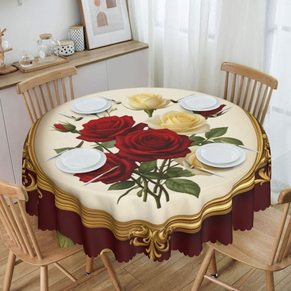 Ornate Gold Frame Red Cream Rose Round Tablecloth Waterproof Oil-Proof Plastic Table Cloth Stain-Resistant Wipeable 60" for Camping, Dining, Indoor and Outdoor