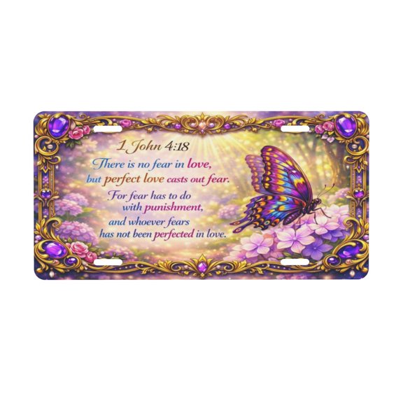 Ornate Gold Jewel Frame Butterfly 1 John 4 License Plate, Front Car Plate with 4 Holes 6 x 12 Inch