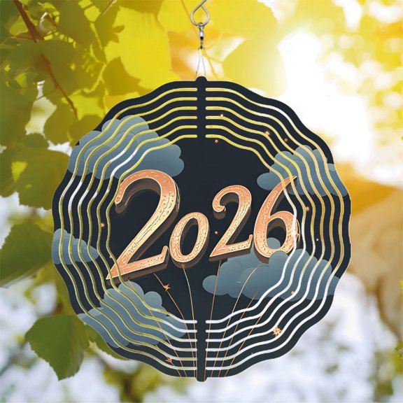 Ornate Golden 2026 Metal Hanging Wind Spinner & Chime - Festive Garden Decor with Stylish Clouds & Waves Design