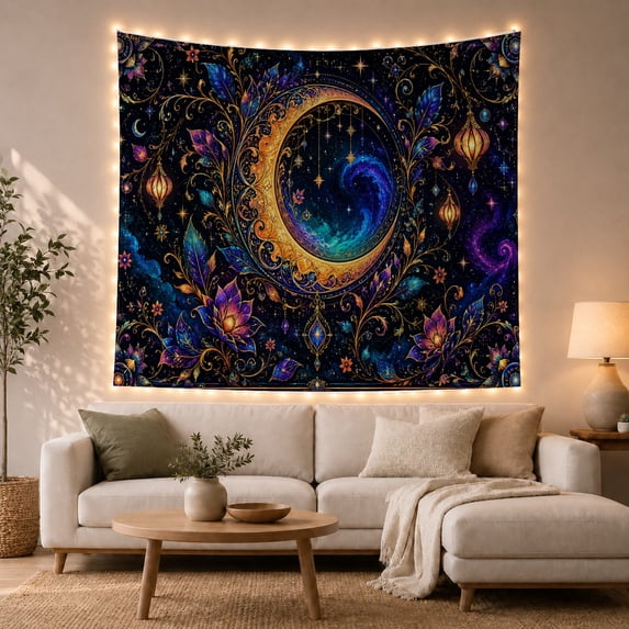 Ornate Golden Crescent Moon with Cosmic Nebula, Mystical Celestial for Space Lovers, Celestial Art Decor, Housewarming Gift Tapestry Wall Hanging for Bedroom and Living Room