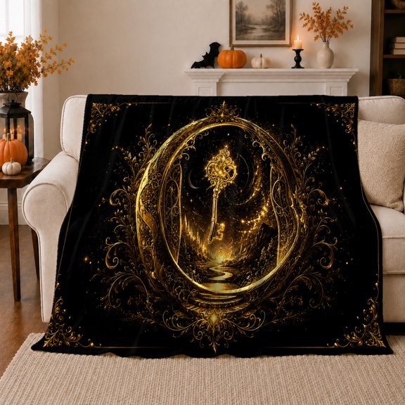 Ornate Golden Key Within Glowing Oval Portal, Cozy Flannel Blanket with Ornate Fantasy Illustration Print, Housewarming Gift for Fantasy key enthusiasts, Home Decor for Bedroom and Living Room