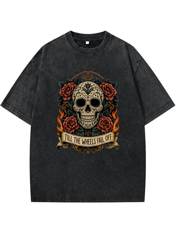 Ornate Gothic Bone Face with Florals and Flames Graphic Vintage Oversized Washed Grunge Y2K Short Sleeve Crewneck Cotton Unisex Men's Women's Tee Shirt