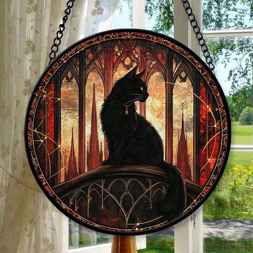 Ornate Gothic Cat Stained Glass Window Hanging Suncatcher, Home Decor ...