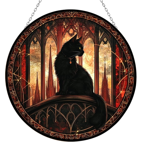 Ornate Gothic Cat Stained Glass Window Hanging Suncatcher, Home Decor Suncatcher Stained Glass Christmas Halloween Mother's Day