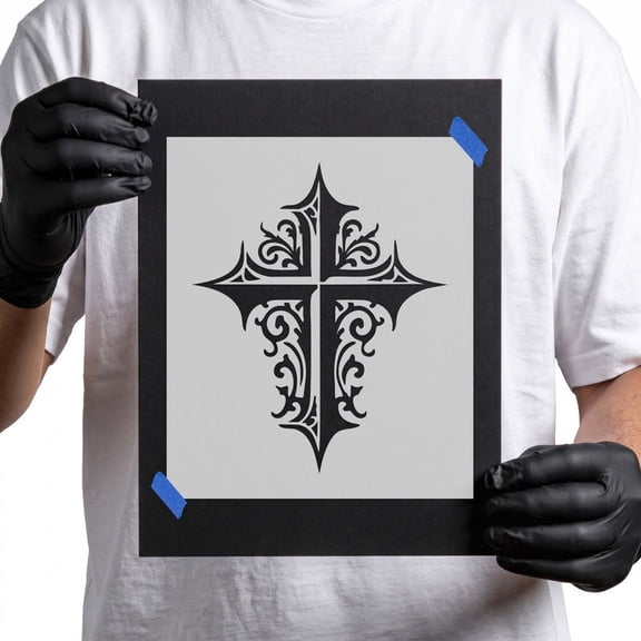 Ornate Gothic Cross Stencil - 12 in - Usable on Wood, Wall and Fabric - Durable 14 Mil Mylar Plastic