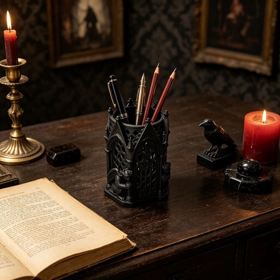 Ornate Gothic Sculpture Pen Cup Hollow Arch Detail Desktop Stationery Storage Decorative Holder