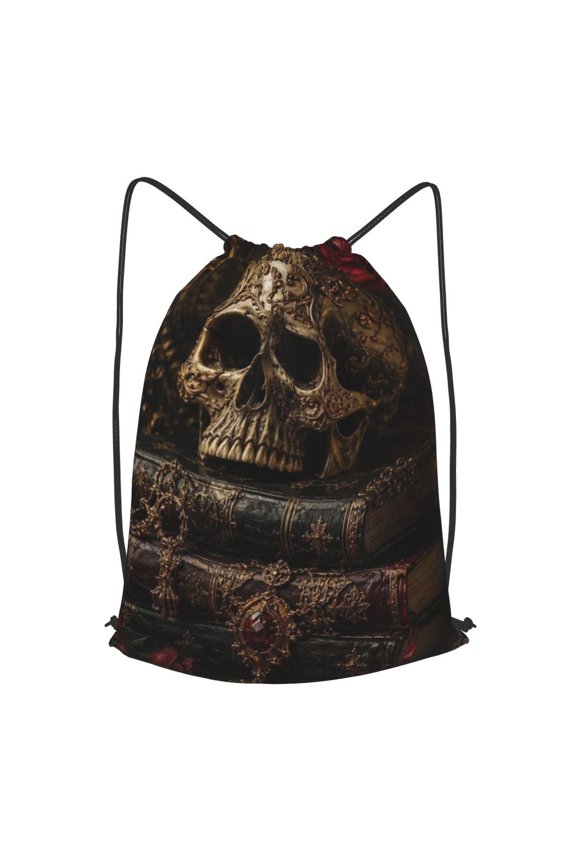 Ornate Gothic Skull Roses Art Drawstring Backpack Gym String Bag Sports Sackpack Cinch Sack, S