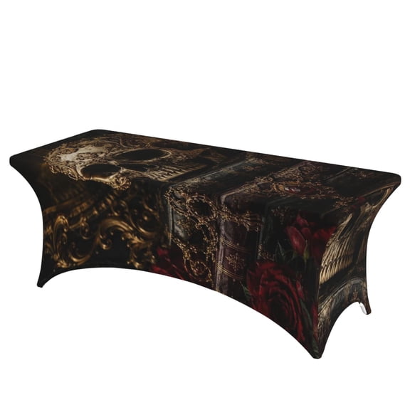 Ornate Gothic Skull Roses Art Stretch Rectangular Table Cover 6FT Elastic Fitted Tablecloth for Parties, Weddings, Banquets