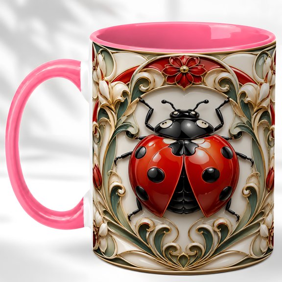 Ornate Ladybug Coffee Mug, Garden Insect Mug, Ceramic 11 oz