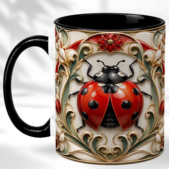 Ornate Ladybug Coffee Mug, Garden Insect Mug, Ceramic 11 oz