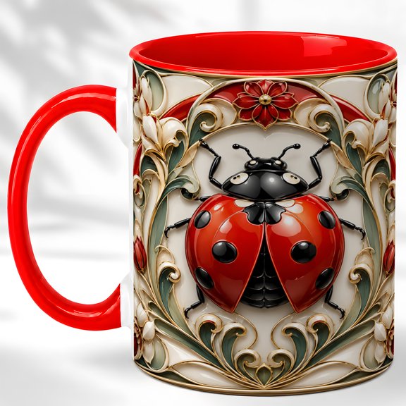 Ornate Ladybug Coffee Mug, Garden Insect Mug, Ceramic 11 oz