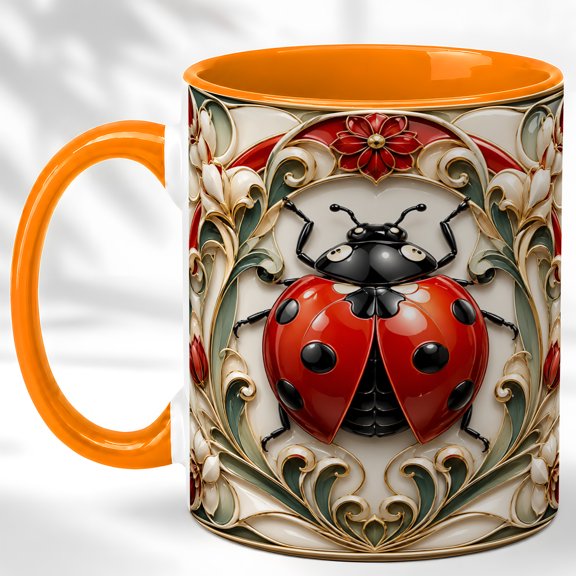 Ornate Ladybug Coffee Mug, Garden Insect Mug, Ceramic 11 oz