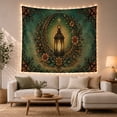 thumbnail image 1 of Ornate Lantern with Crescent Moon and Floral Wreath on Mottled Teal Sky, Mystical Boho for Moon Lovers, Celestial Garden Art, Housewarming Gift, Tapestry Wall Hanging for Living Room and Bedroom, 1 of 7
