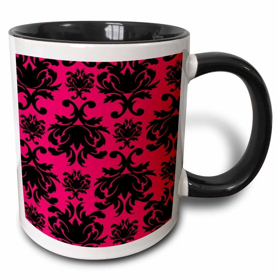 3drose, Ornate Large Black and Raspberry Pink Damask Pattern, 15oz Two-tone Black Mug