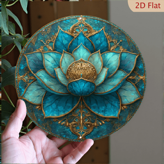 Ornate Lotus Flower Metal Wall Art 8x8 Inch Round Aluminum Decorative Plaque Teal and Gold Bohemian Mandala Stained Glass Style Wall Decor for Living Room