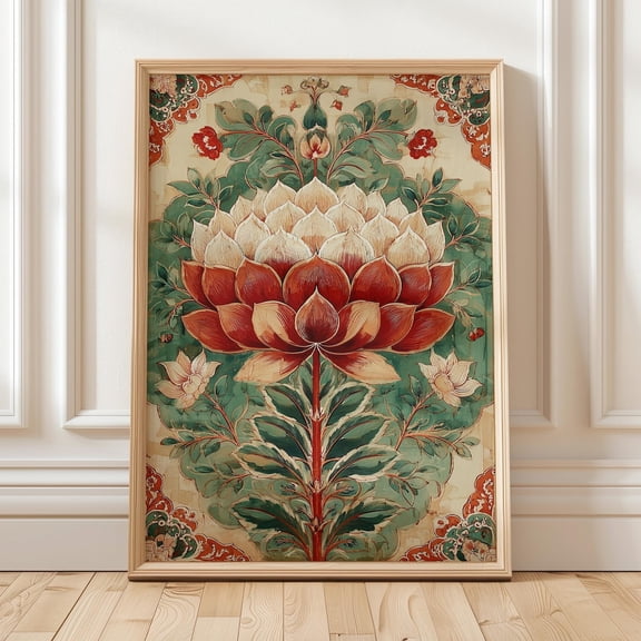 Ornate Lotus Flower Vintage Botanical Asian Inspired Porch Decoration Unframed Paper Print