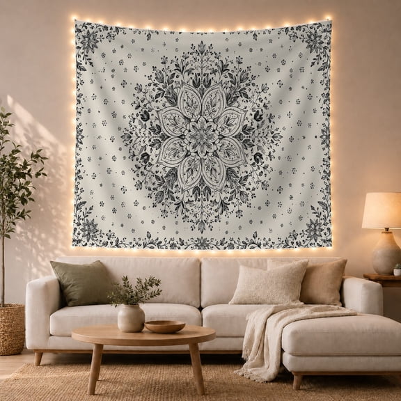 Ornate Mandala Among Floral Vines, Calming Boho for Meditation Enthusiasts, Monochrome Botanical Decor, Housewarming Gift, Tapestry Wall Hanging for Bedroom and Living Room