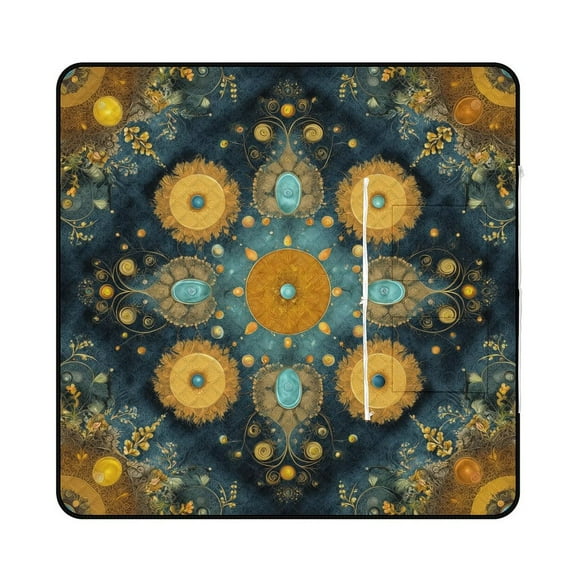 Ornate Mandala Teal Gold Design Waterproof Picnic Blanket with Foldable Zipper, Suitable for Outdoor Use, Suitable for Travel, Camping, Beaches, Parks, Grasslands, Picnic Blanket Accessories