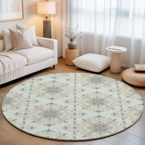 Ornate Mandalas 3.3' Round Rug for Bedroom Reading Corner, Sage Green Pale Sand Bohemian Lace Flower Pattern Washable Non Slip Circle Area Rug