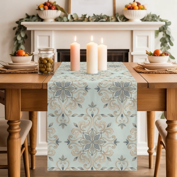 Ornate Mandalas Dining Table Runner, Sage Green Pale Sand Bohemian Lace Flower Pattern Washable Table Runners Kitchen Coffee Table Center Decor for Home Party Holiday Wedding 13 x 70 Inches
