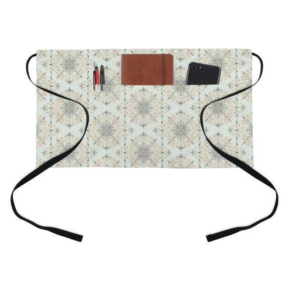 Ornate Mandalas Kitchen Restaurant Half Waist Apron, Sage Green Pale Sand Bohemian Lace Flower Pattern Server Short Apron with 3 Pockets Waterproof Oil Waist Aprons for Women Waitress Waiter