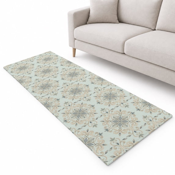 Ornate Mandalas Runner Rug 2.6'x10', Sage Green Pale Sand Bohemian Lace ...