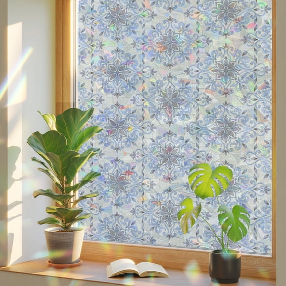 Ornate Mandalas Window Privacy Film, Silver Gray Blue Kaleidoscope Shapes Flower Pattern Stained Glass Rainbow Film Decorative Window Clings, Static Cling Sun Blocking Stickers 17.7" x 39.3"