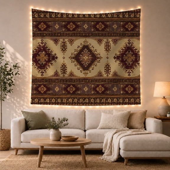 Ornate Maroon Medallions on Cream Field with Purple-Blue Borders, Nostalgic Folk Art for Art Lovers, Traditional Rug Wall Art, Housewarming Gift Tapestry Wall Hanging for Living Room and Bedroom